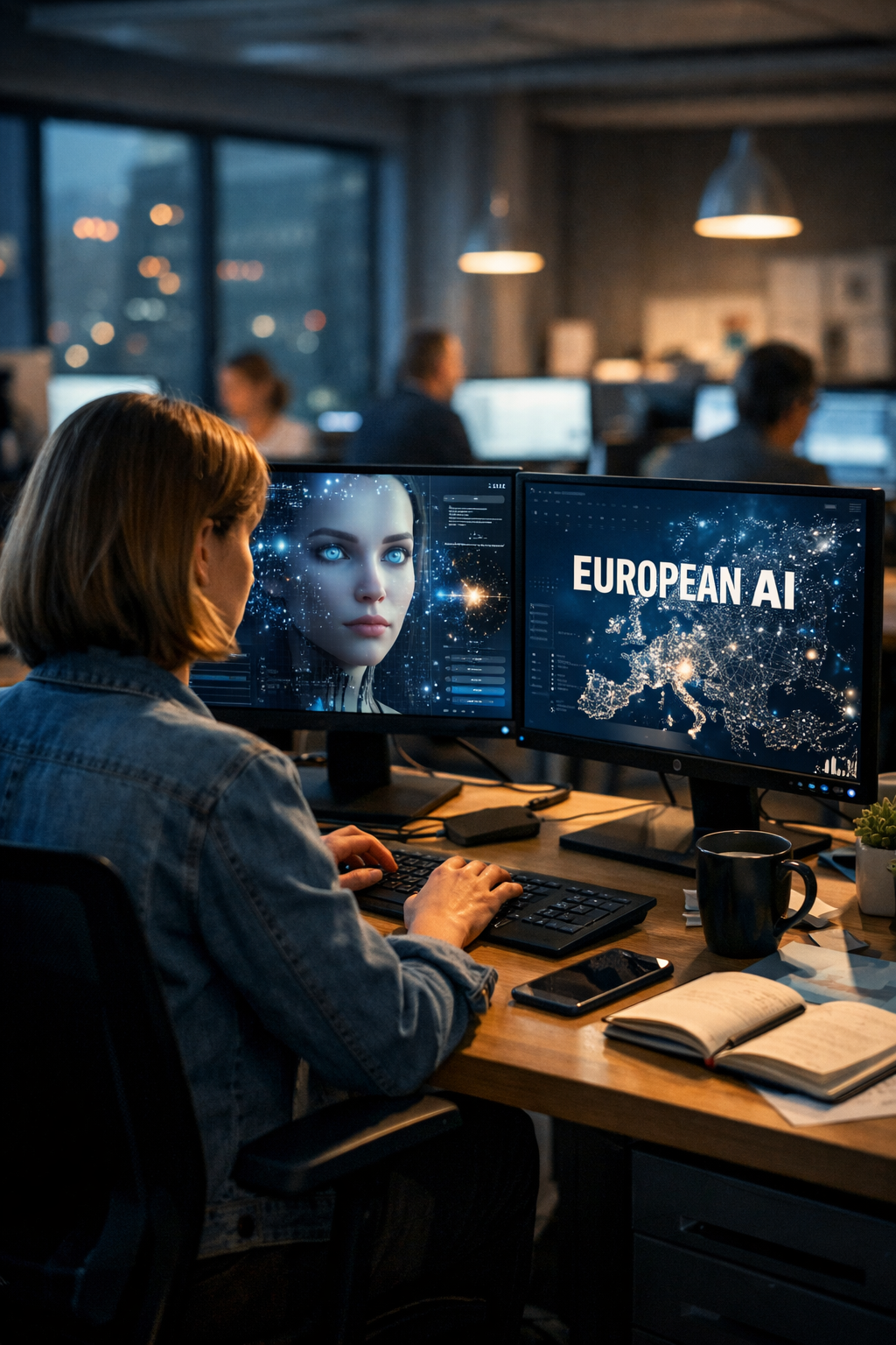 cinematic Eine Person am Schreibtisch eines Groraumbros eine europische KI benutzend